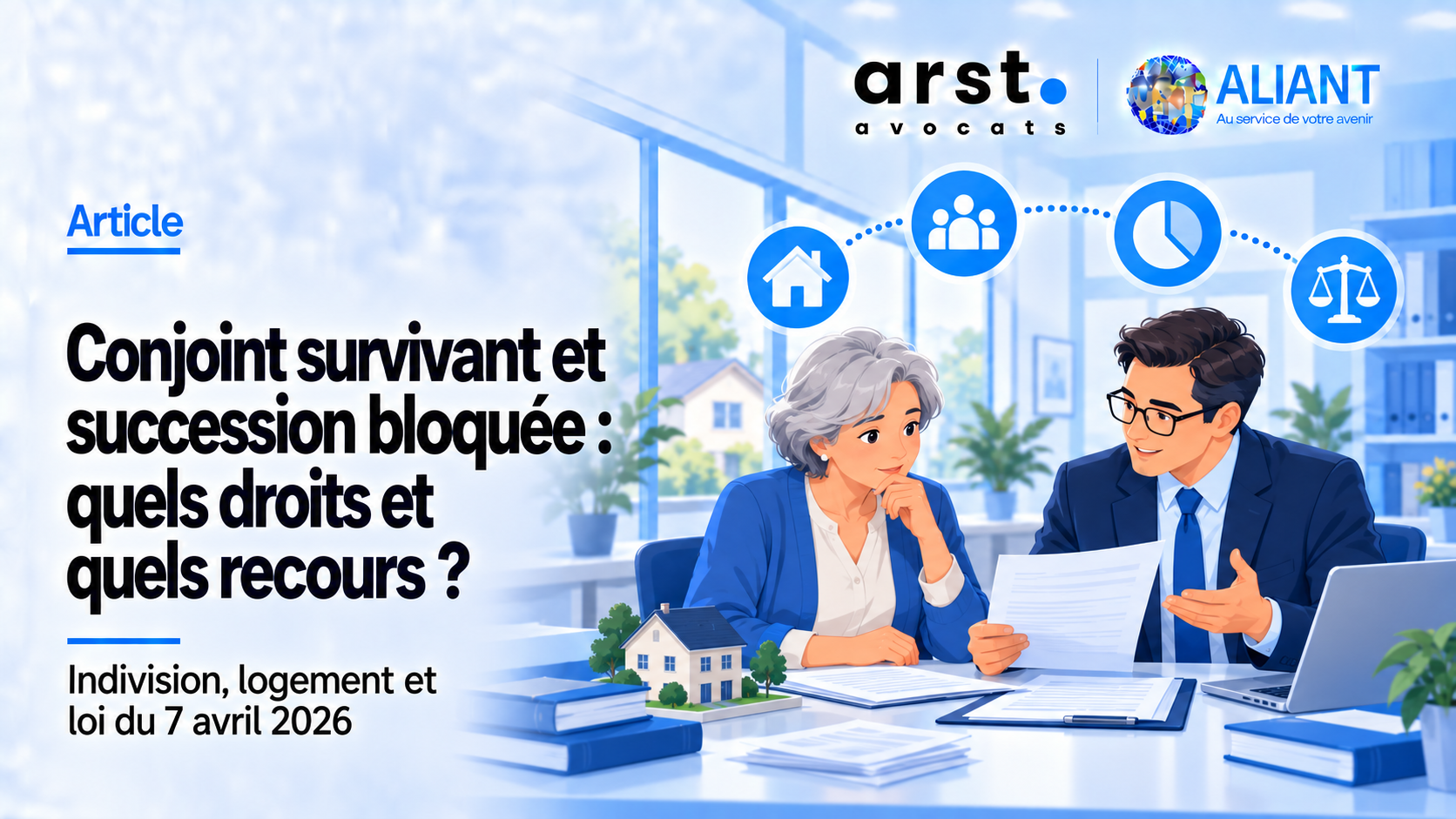 Conjoint survivant conseillé par un avocat face à une succession bloquée et une indivision